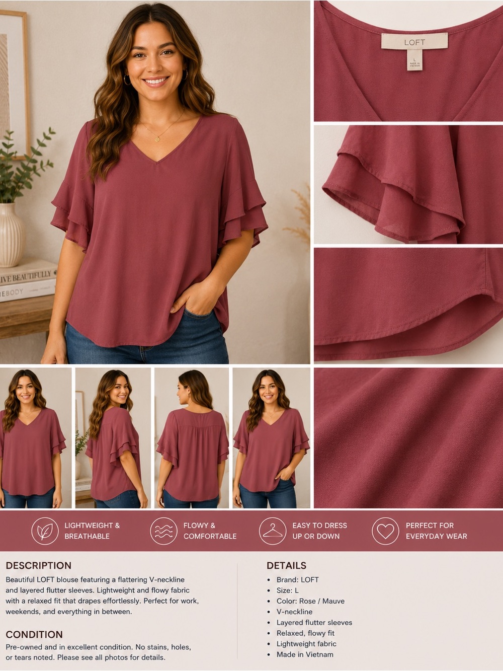 LOFT Rose Mauve V-Neck Flutter Sleeve Blouse